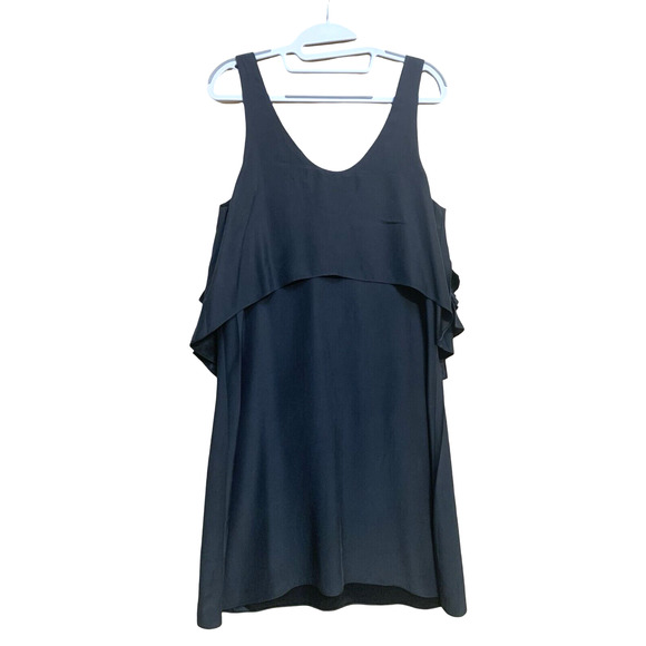 MORGAN CARPER Anthropologie Black Sateen Shift Dress with Back Ruffles Sz 6 - Picture 1 of 13